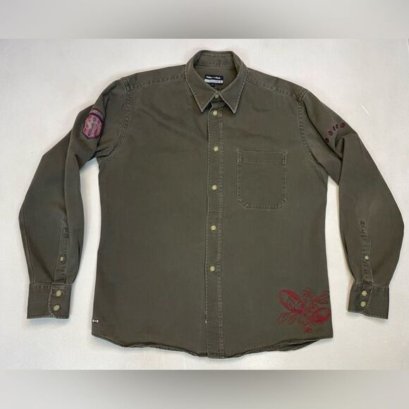 Eden Park Embroidered Flower Button Up Shirt Men Large Olive Green Long Sleeve - Picture 1 of 9